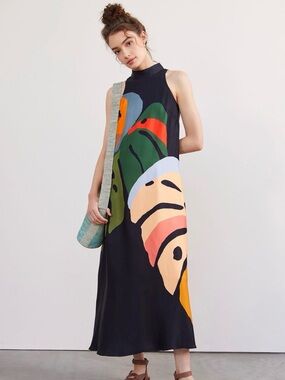 Farm Rio for Anthropologie Tropical Leaf Halter Maxi Dress Size M EUC